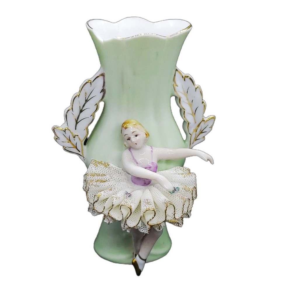 Vintage Ucago Japan Lady Ballerina Figurine Vase Green and White Lace Victorian